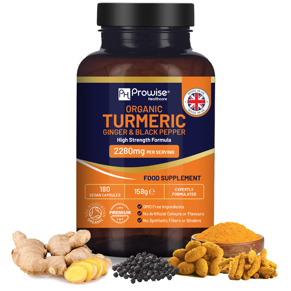 Organic Turmeric with Ginger and Black Pepper 2280mg (High Strength) | 180 Vegan Turmeric Capsules with Active Ingredient Curcumin I Soil Association Approved I UK Made by Prowise