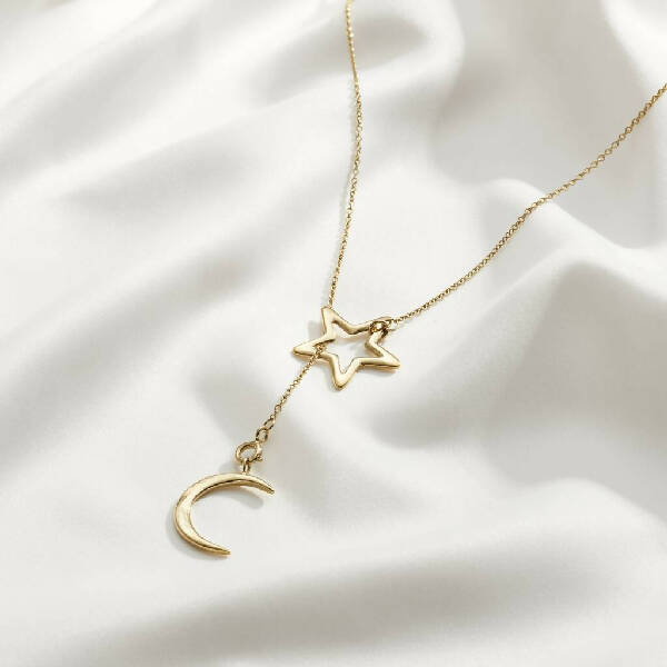 Yellow Gold Plated Moon & Star Lariat Necklace
