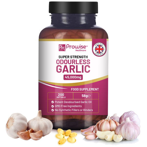 Premium Odourless Garlic Capsules - High Strength 45,000mg - 200 Softgels - Deodourised Premium Garlic Oil Extract from Allium Sativum - Made in UK by Prowise
