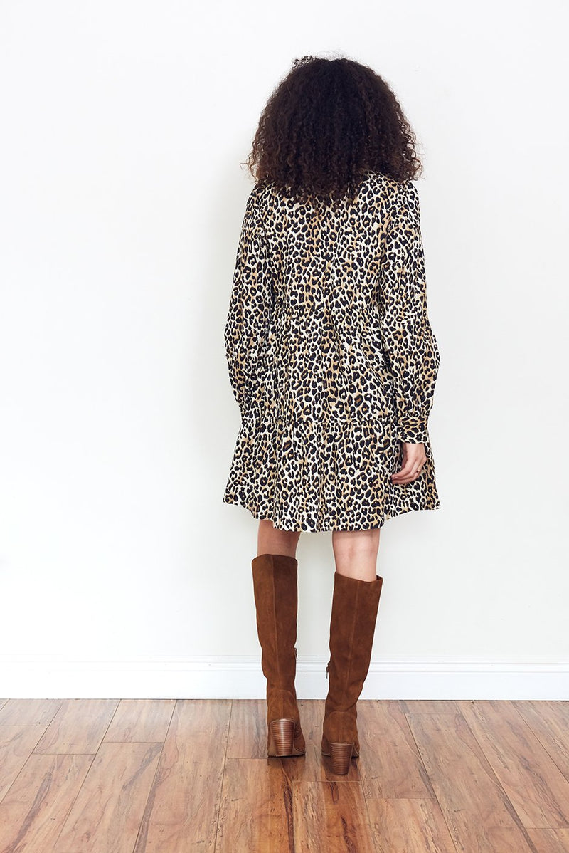 Olivia Mini Dress in Cheetah Queen print for women by Paneros Clothing. From sustainable deadstock cotton poplin. Back View.