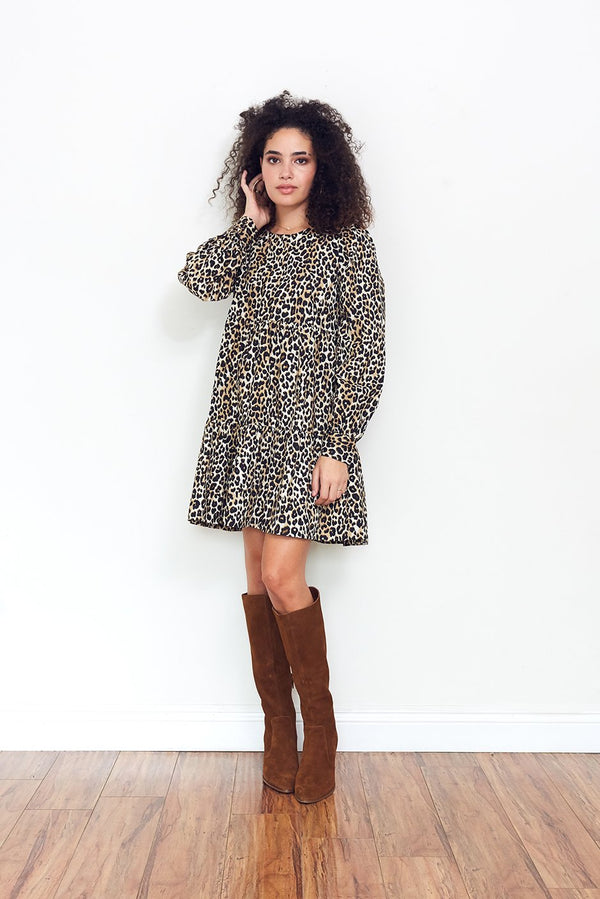 Olivia Mini Dress in Cheetah Queen print for women by Paneros Clothing. From sustainable deadstock cotton poplin. Front View.