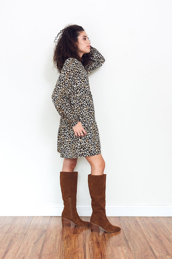 Olivia Mini Dress in Cheetah Queen print for women by Paneros Clothing. From sustainable deadstock cotton poplin. Side View.