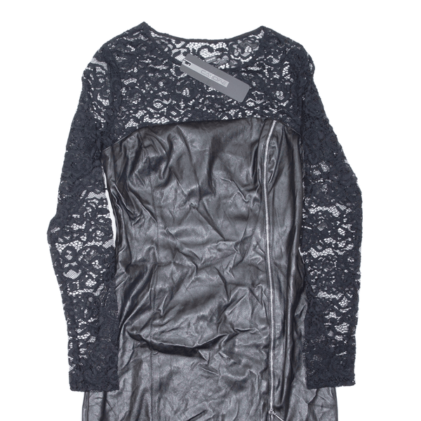 CALORE Faux Leather Sheer Lace Womens Pencil Dress Black Short Sleeve Short S