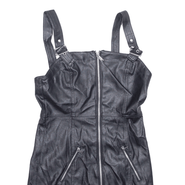 H&M DIVIDED Faux Leather Zips Womens Dungaree Dress Black Sleeveless Short UK 6
