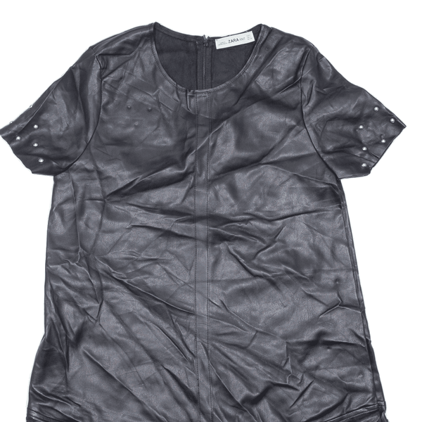 ZARA KNIT Faux Leather Metal Beading Womens A-Line Black Short Sleeve Short M