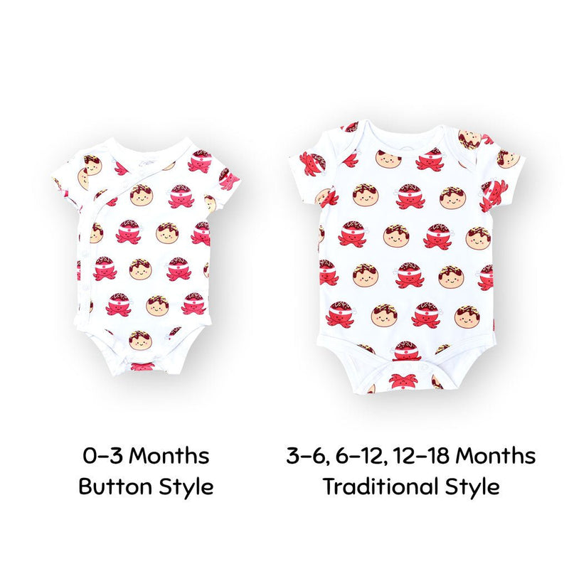 the wee bean organic cotton baby onesie bodysuit in takoyaki octopus balls in baby and toddler sizes