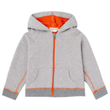 This must have summer hoodie for kids features a contrast orange zipper, lining and a hood. Unisex. Light weight and durable, it is made from organic Italian cotton in NYC. 