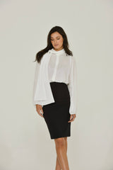 Pussybow-Chiffon-Blouse-with-Bishop Sleeves, Mandarin Collar, Removable-Bow-Sustainable-Women's-Clothing