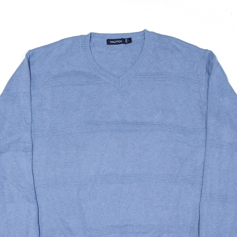 NAUTICA Jumper Blue Striped Chunky Knit V-Neck Mens L