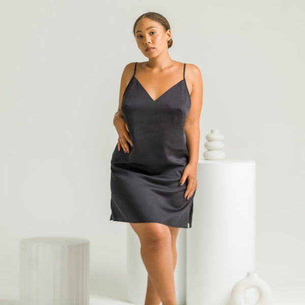 Onyx | Sateen Slip Dress Made With Bamboo #Color_onyx