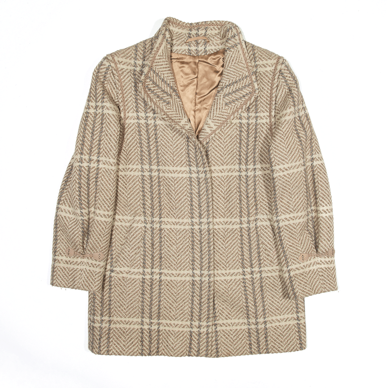 Vintage Coat Beige 80s Check Wool Womens L