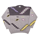 LA KHOCHALITA Patterned Jumper Grey Geometric Chunky Knit Wool Mens L