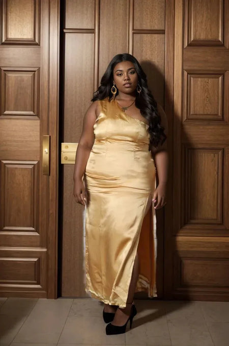 One Shoulder Golden Satin Dress