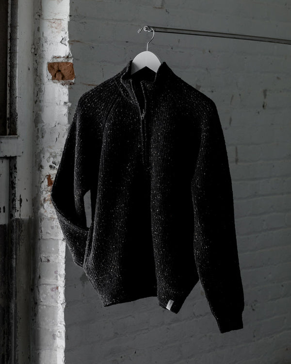 The Mens Fisherman Sweater in Speckled Black - Front #color_speckled-black