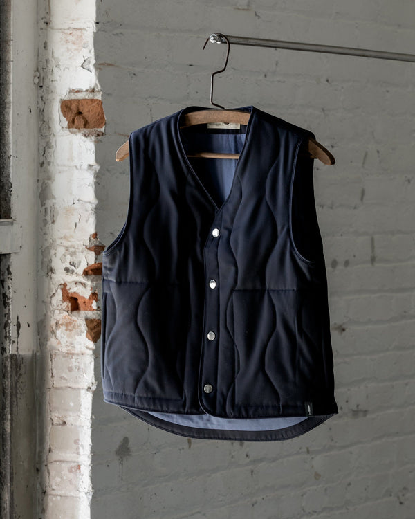 The Womens Quilted Wool Vest in Navy - Front #color_navy