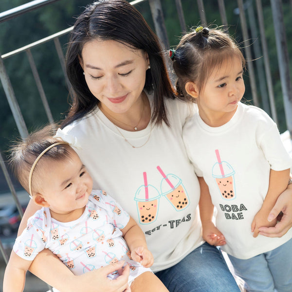 the wee bean mommy and me sibling matching organic cotton t-shirts in boba bae