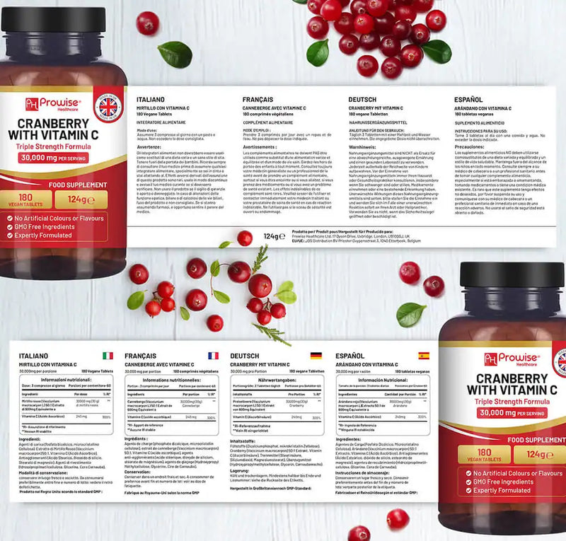 Triple Strength Cranberry 30,000mg added with Vitamin C | UTI Cranberry 180 Tablets for Women | UK Made by Prowise Healthcare