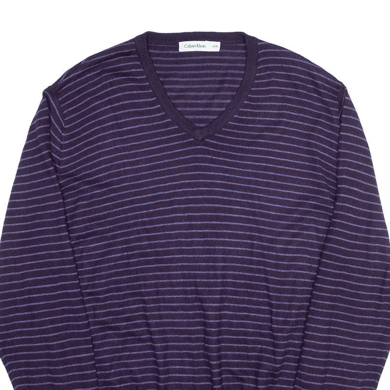 CALVIN KLEIN Wool Blend Purple Striped V-Neck Patterned Jumper Mens XL