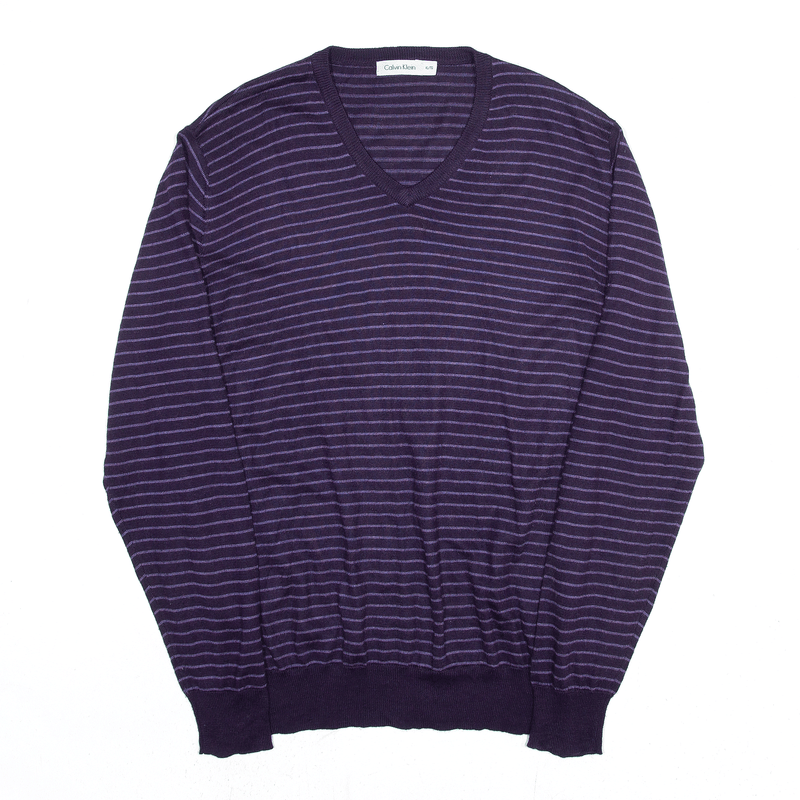 CALVIN KLEIN Wool Blend Purple Striped V-Neck Patterned Jumper Mens XL