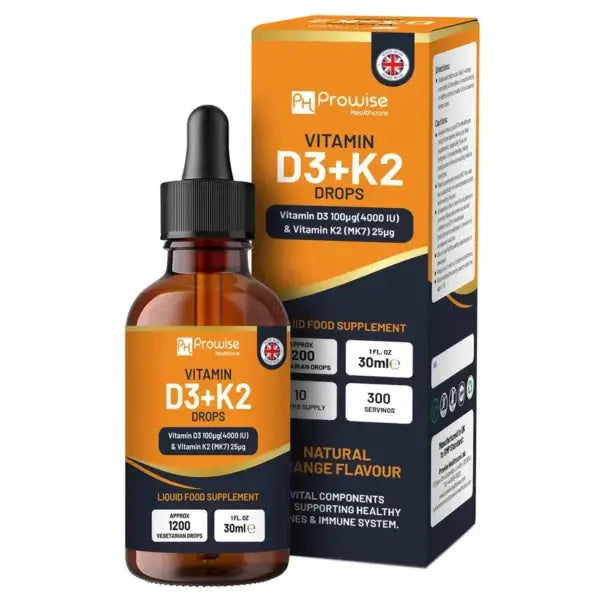 Vitamin D3 4000iu + K2 MK7 25µg I Orange Liquid Drops I High Strength 4000iu D3 + 25µg K2- 30ml Bottle I Fast Absorption I Made in UK