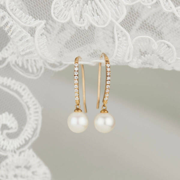 9ct Gold Pearl & CZ Drop Earrings | bride | gift for her | birthday gift