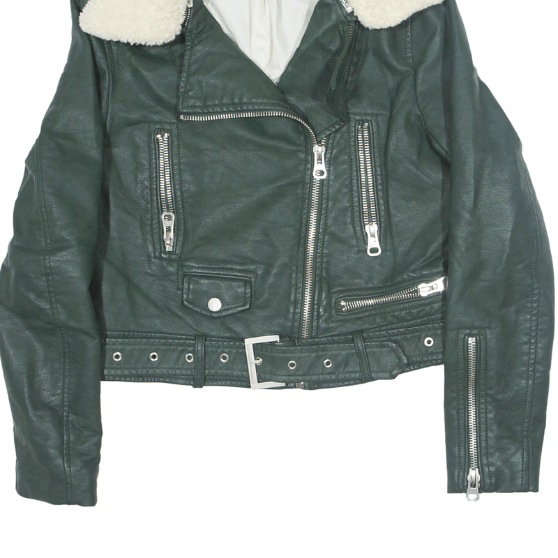 ZARA BASIC Outwear Cropped Faux Fur Biker Jacket Green Womens S