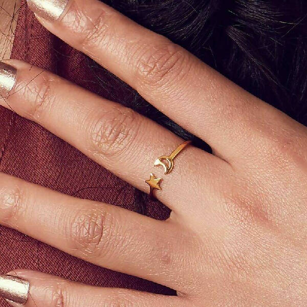 Yellow Gold Plated Moon & Star Open Ring