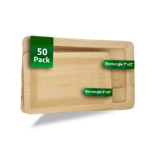 Dtocs Palm Leaf Rectangular Plate Combo Pack (50) | 7x11 Inch (25) & 5x8 Inch (25) | USDA Certified Biobased Dinnerware