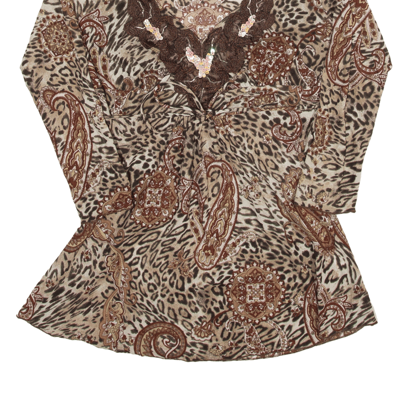 IN 9 Y2K Leopard Paisley Top Brown V-Neck Long Sleeve Womens S