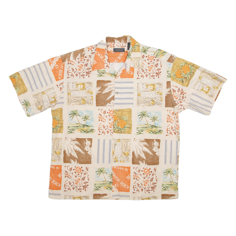 VAN HEUSEN Pineapple Hawaiian Shirt Beige Crazy Pattern Short Sleeve Mens XL