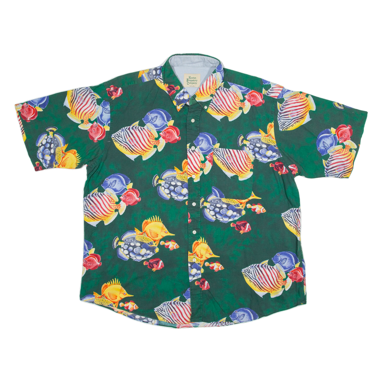 BOSTON PREPARATORY COMPANY Fish Hawaiian Shirt Green Crazy Pattern