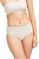 Detail of the Serena mid-rise hipster bikini bottom in textured fabric platinum.