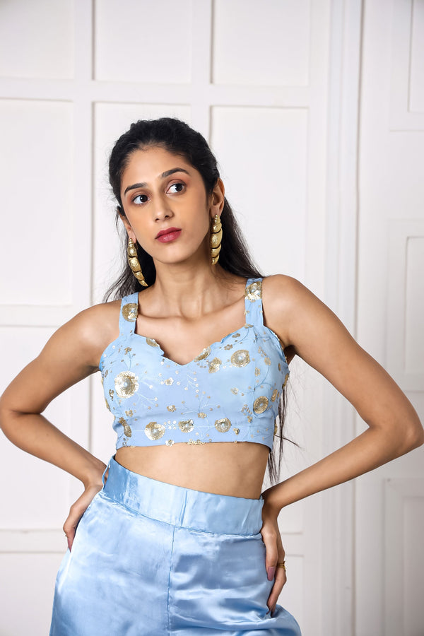Sequin Embroidered Blue Water Lily Co-ord Set