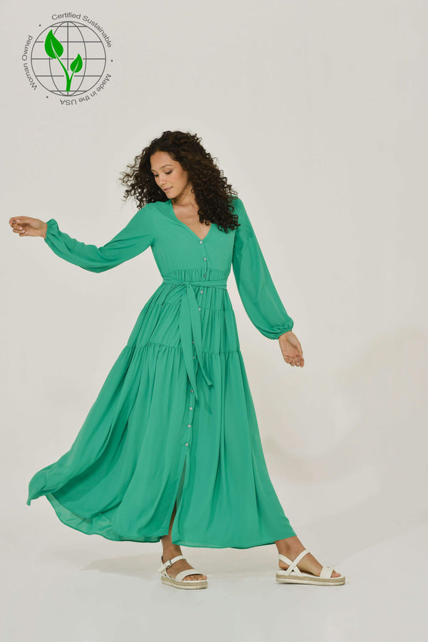 Emerald Green Long Sleeve Chiffon Maxi Dress