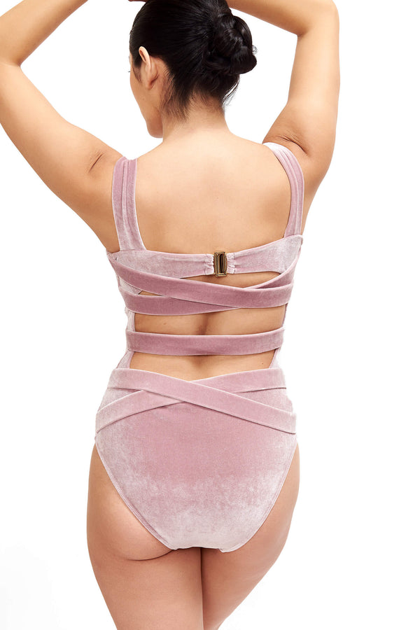 Back of Donatella One Piece Designer Swimwear in Blush Velvet