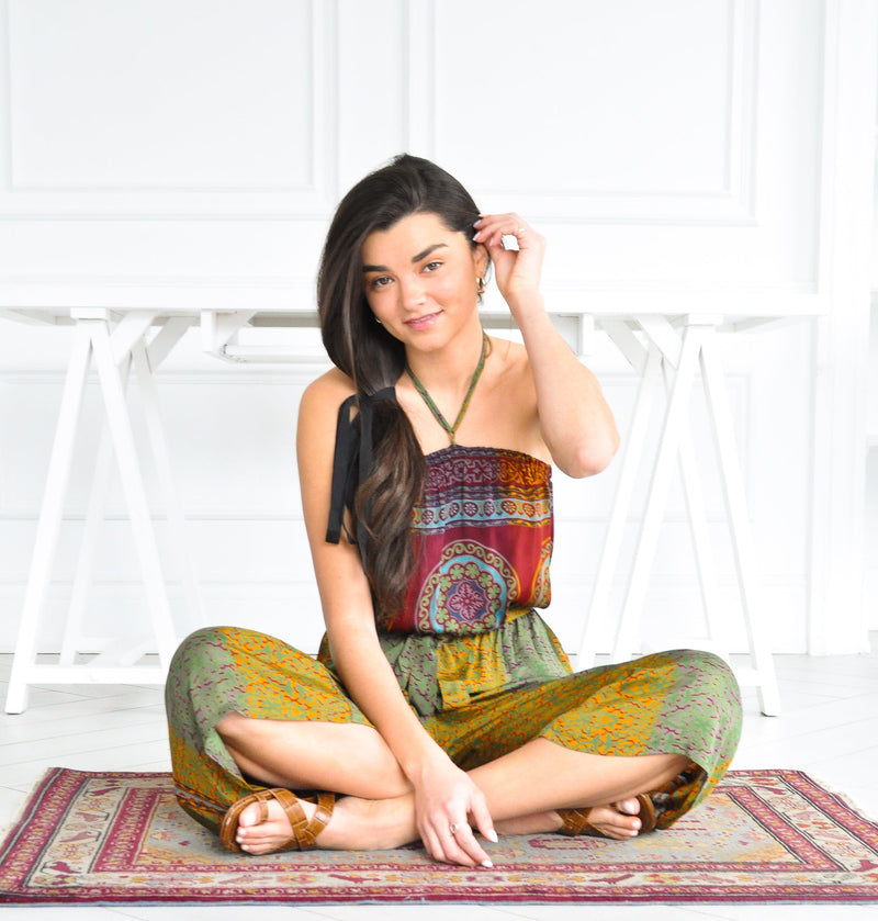 halter jumpsuit tube top wide leg.  Printed upcycled jumpsuit onesie.  Romper sustainable. Persian rug. 