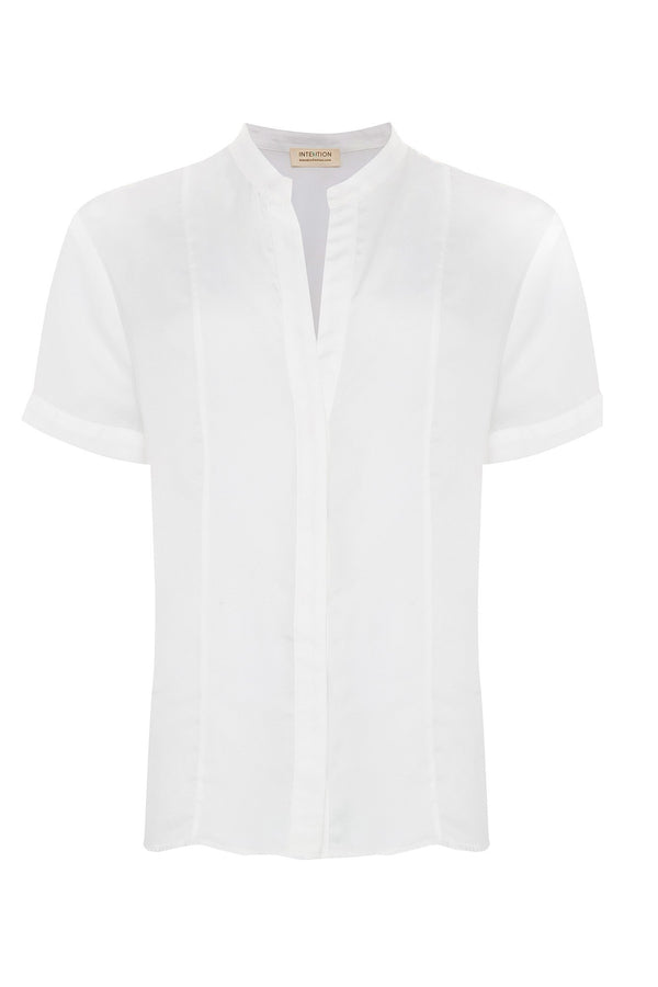 eco-friendly-womens-shirt-black-French Chiffon-Split-Neck-Short Sleeve-top