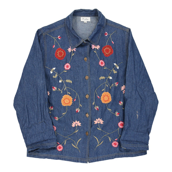 Follie Embroidered Denim Jacket - Large Blue Cotton - Thrifted.com