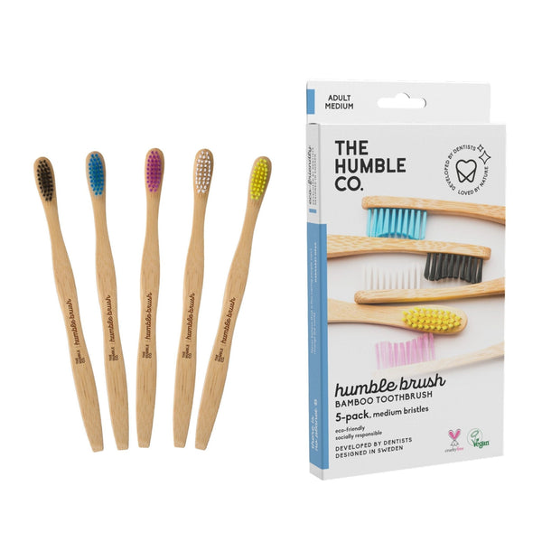 Family Pack - Bamboo toothbrush Flat Curved Adult – Medium - 5-pack - humble-usa