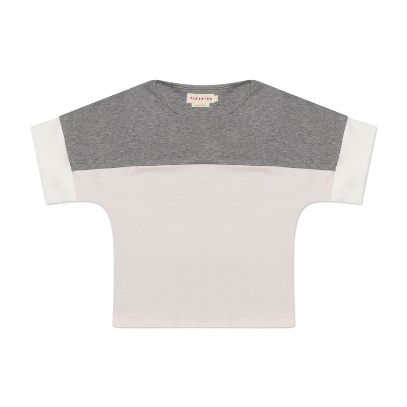 Girls tops. Made from organic Peruvian cotton. Heather grey, blush pink and white block colors. Cut and sewn in NYC.