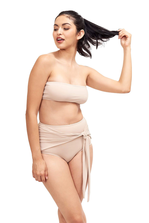 Front of Giovanna bandeau swimsuit top in Camel