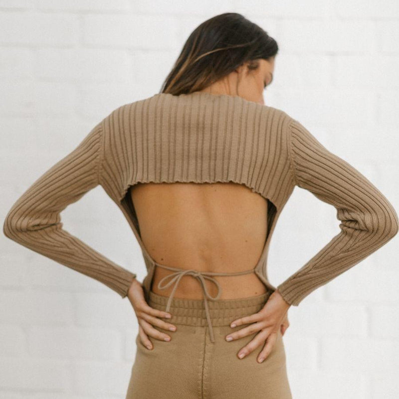 Honest Backless Knit Top Camel Sweaters ALOHAS