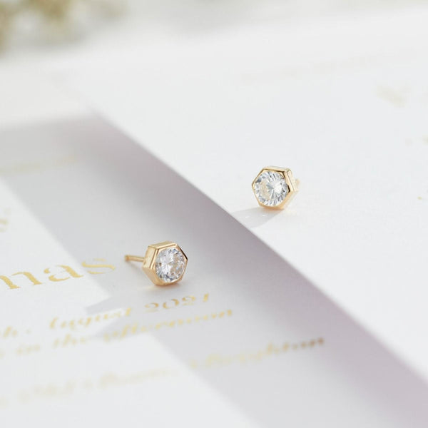 9ct Gold Cubic Zirconia Hexagon Stud Earrings | gift for her I Christmas gift | bride