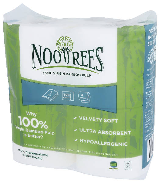 NooTrees Bamboo Bathroom Rolls 3ply 300s 4roll, Biodegradable, Sustainable, Soft, Ultra Absorbent, Hypoallergenic (1 Pack of 4 Rolls)