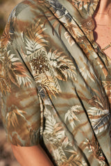 One of a kind handmade embellished Tie Dye Kai aloha shirt by Paneros Clothing. Hawaiian Kai Shirt // Beaded Desert Palm Tie Dye, Size L. View 3