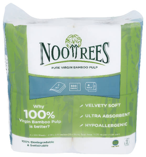 NooTrees Bamboo Bathroom Rolls 3ply 300s 4roll, Biodegradable, Sustainable, Soft, Ultra Absorbent, Hypoallergenic (1 Pack of 4 Rolls)
