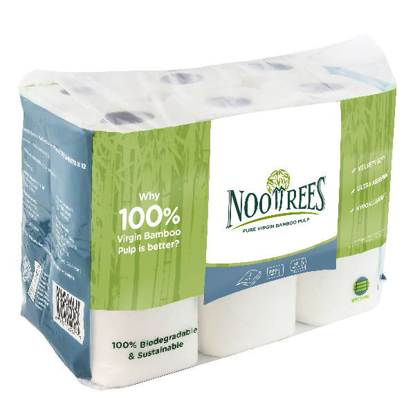 NooTrees Bamboo Bathroom Rolls 3ply 220s 12roll, Biodegradable, Sustainable, Soft, Ultra Absorbent, Hypoallergenic (1 Pack of 12 Rolls)