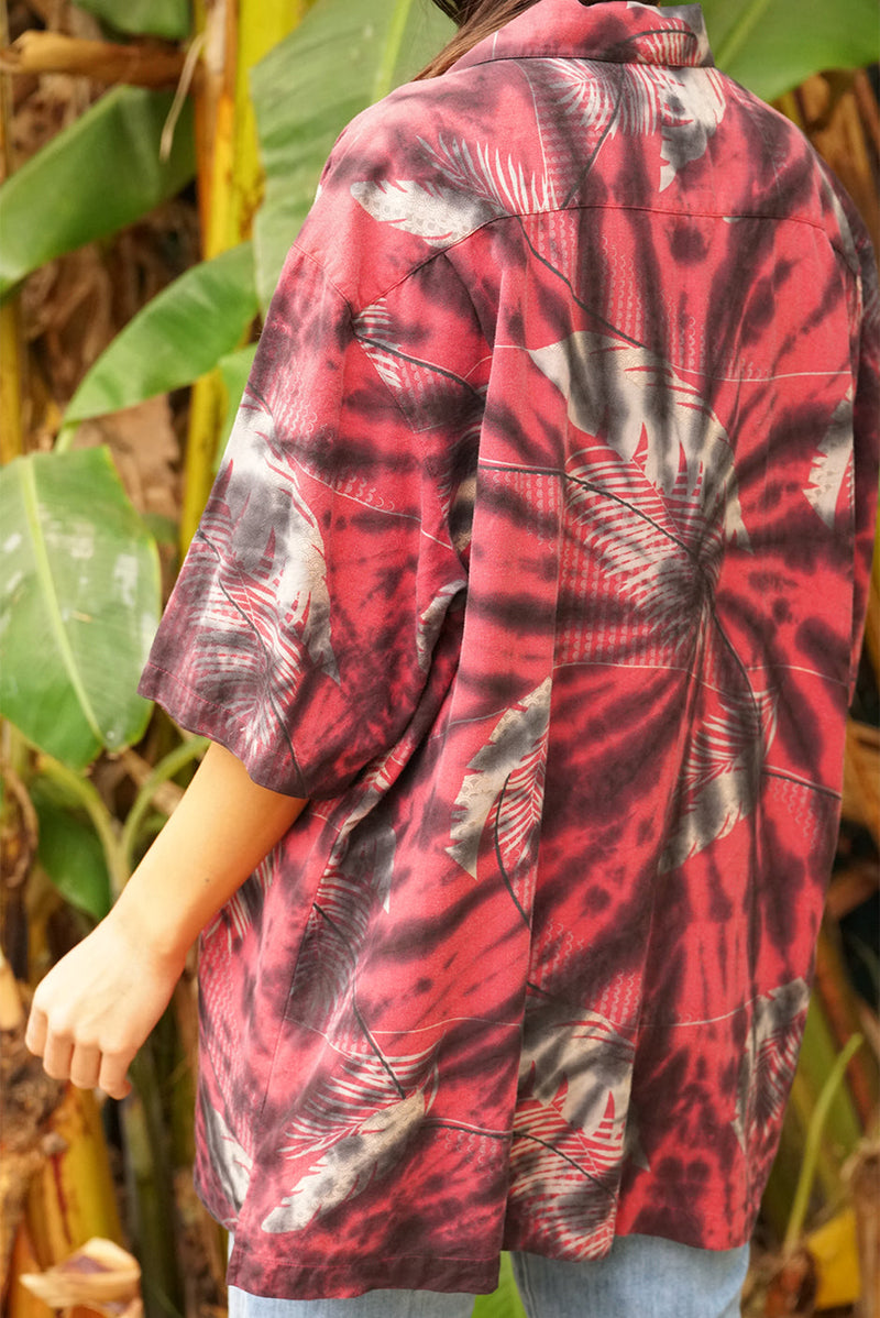 One of a kind handmade embellished Tie Dye Kai aloha shirt by Paneros Clothing. Hawaiian Kai Shirt // Onyx Tie Dye, Size XL. View 3