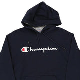 Champion Spellout Hoodie - Medium Navy Cotton Blend - Thrifted.com