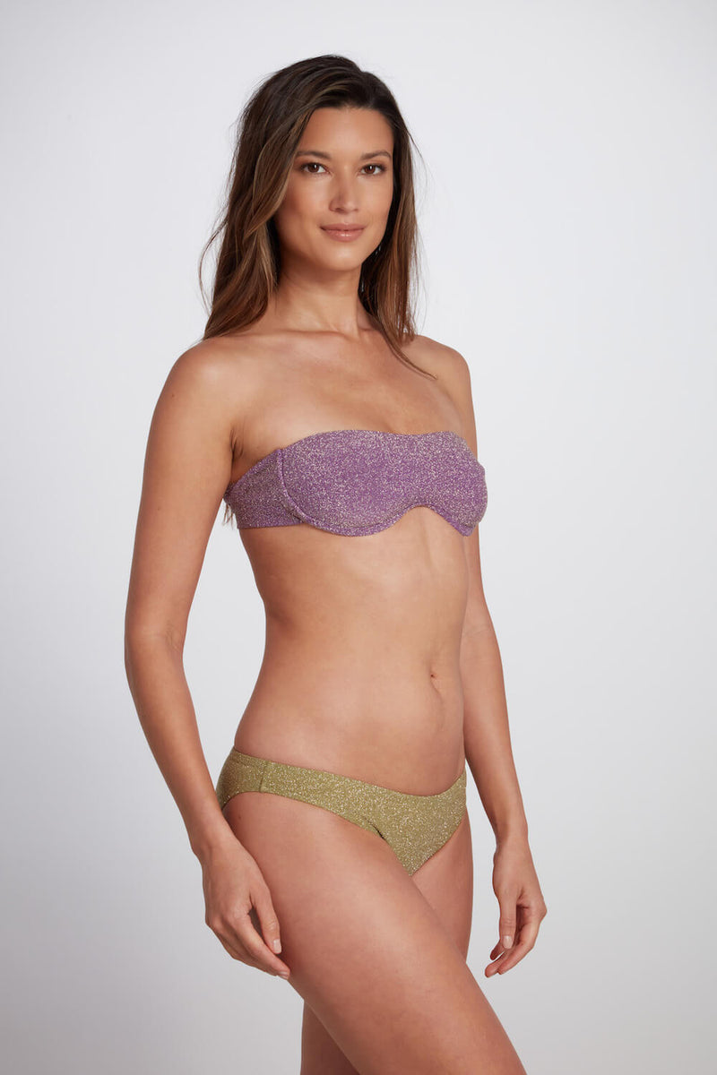 The Brigitte underwire bikini top in violet lurex with removable and adjustable shoulder straps.